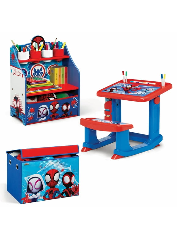 Spidey and His Amazing Friends 3-Piece Art & Play Toddler Room-in-a-Box by Delta Children  Includes Draw & Play Desk, Art & Storage Station & Fabric Toy Box, Blue