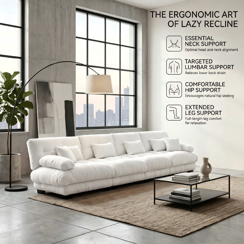 ANPPORT Cloud Couch Sleeper Sofa, Chenille White 4-Seater Modular Sofa, 4 Lumbar pillows, 2 Pillows, Comfy Deep Seat Cloud Sofa, Convertible L-Shaped Floor Couch for Living Room