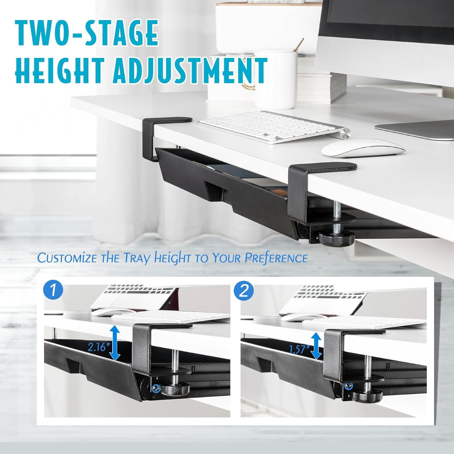 EHO Under Desk Slide-Out Storage Drawer, Large 20" x 11.8" Clamp-On Pull-Out Organizer with Adjustable Height, Space-Saving Tray for Office Supplies and Accessories