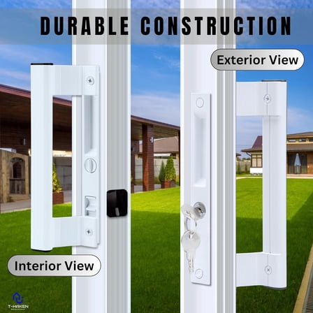 XINDUO-Sliding Glass Door Handle Set with Lock – Aluminum Handle, Fits 6-5/8 in. Hole Spacing (White)