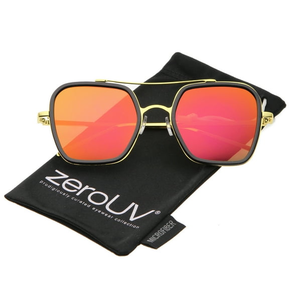 zeroUV Unisex Modern Slim Temple Browbar Color Mirrored Flat Lens Square Sunglasses 52mm (Black-Gold / Magenta Mirror) - 52mm