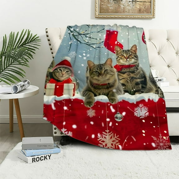 Merry christmas cat wool blanket christmas snowflake pet cat sherpa blanket bed sofa sofa cute kitten print plush blanket animal red white warm fluffy blanket bedroom décor