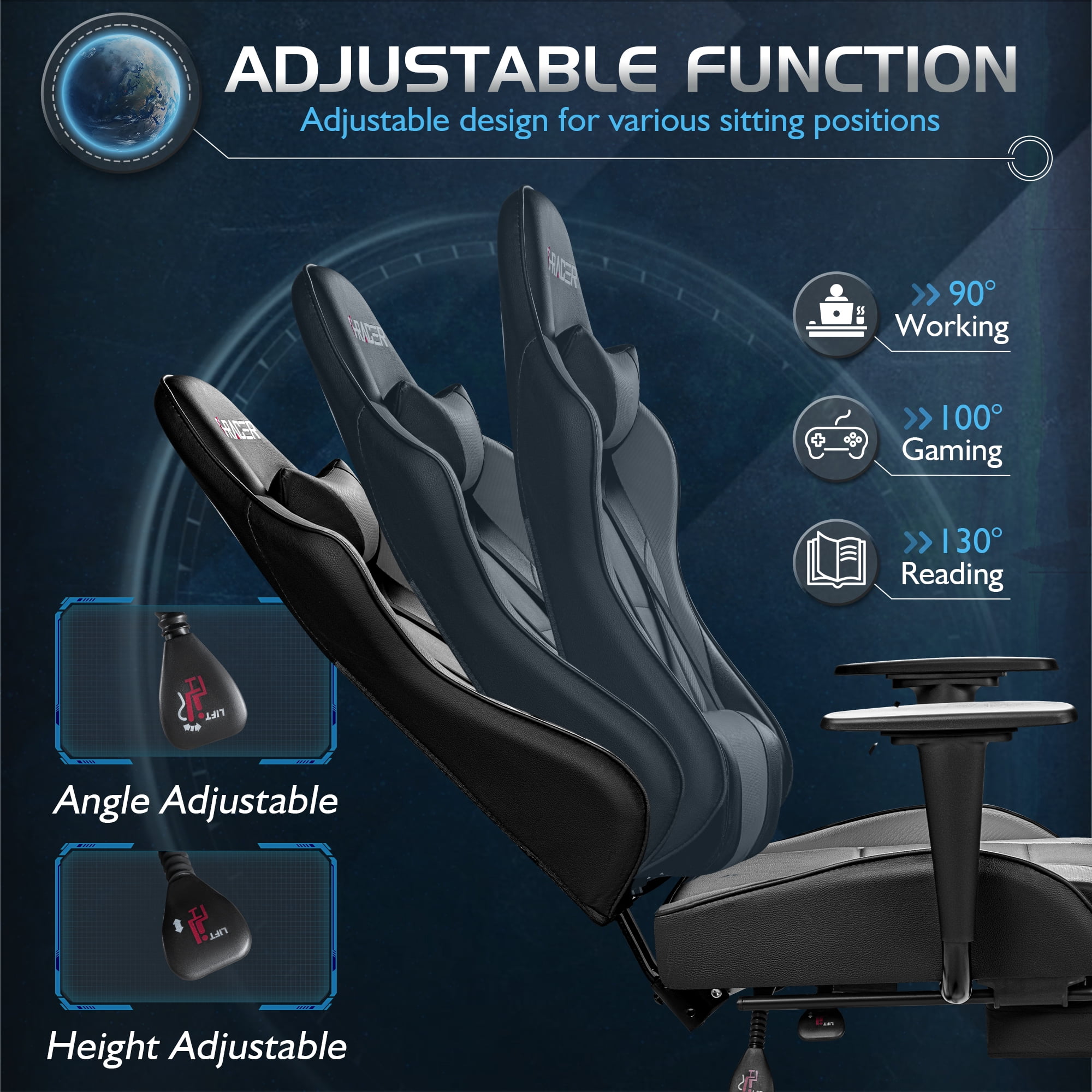 Homall Gaming Chair Massage Office Chair High Back PU Leather Chair with Footrest, Gray