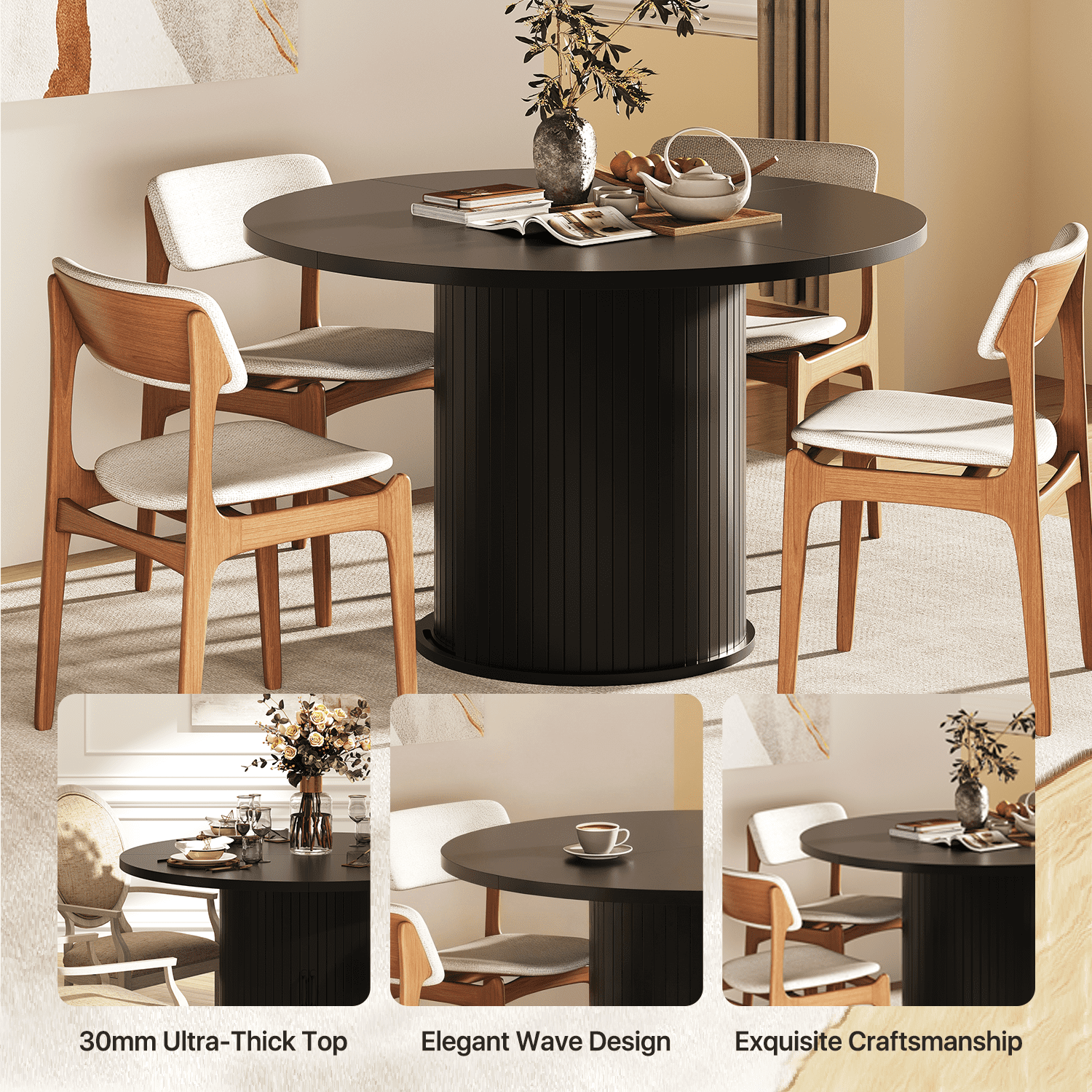 Sonegra 47“ Round Dining Table with Storage, Modern Fluted Circle Kitchen Table with 2-Layer Storage and Sliding Door, for Kitchen Living Room, Black