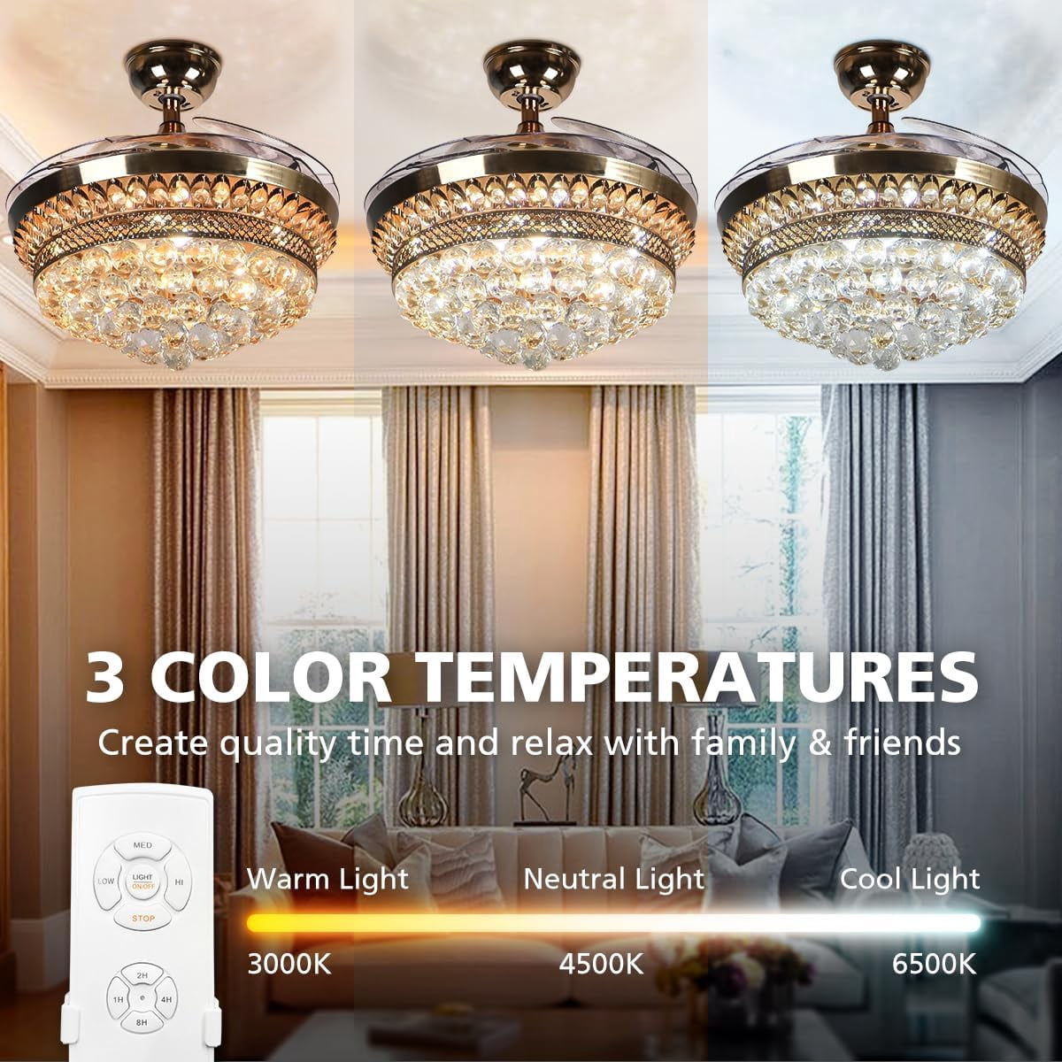 KPIBEST 42 inch Retractable Ceiling Fan Light with Remote Control French Gold Finish Fixtures, Modern Europe Luxury Crystal Chandelier Fans with 3 Lights Changes for Bedroom Living Room Restaurant