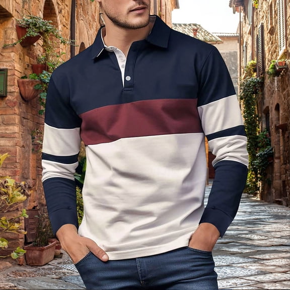Zysthvn Long Sleeve Shirts for Men Golf Plus Size Polo Casual Men T Shirts Color Block Vintage Lightweight Turn Down Collar Button Tops