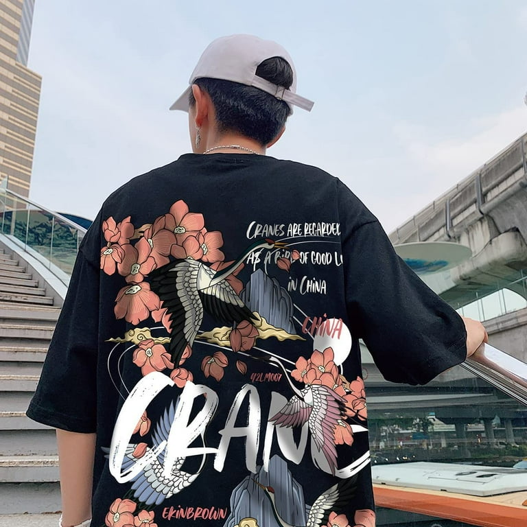 CoCopeaunt Men Women Japanese Anime T Shirt, Chinese Crane Graphic Letter Print Tee Vintage Y2K Short Sleeve Top Oversized Streetwear