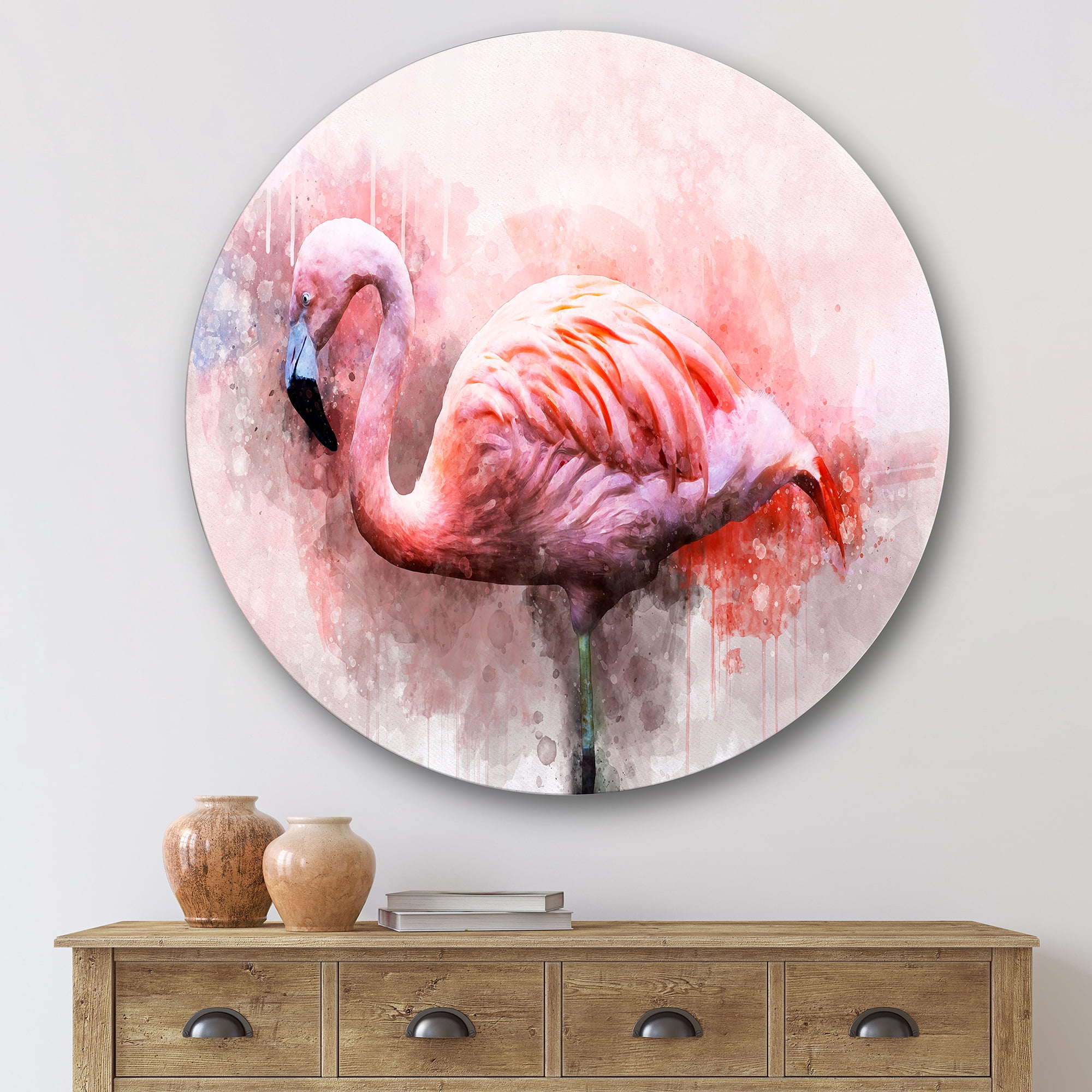 Designart 'Abstract Portrait of Pink Flamingo V' Farmhouse Circle Metal Wall Art 29x29 - Disc of 29