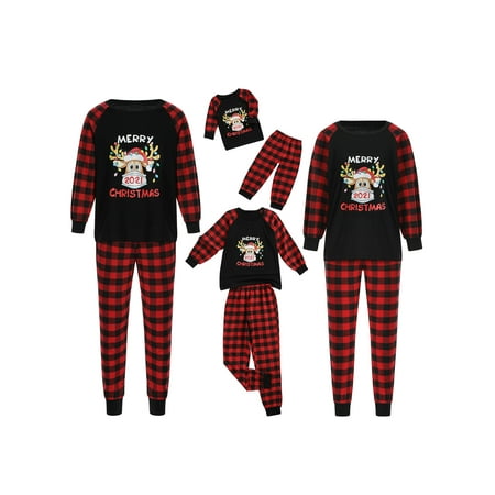 

Afunbaby Matching Family Pajamas Sets Christmas PJ s Letter Print O-Neck Blouse Tops Plaid Pants 2PCS Christmas PJs