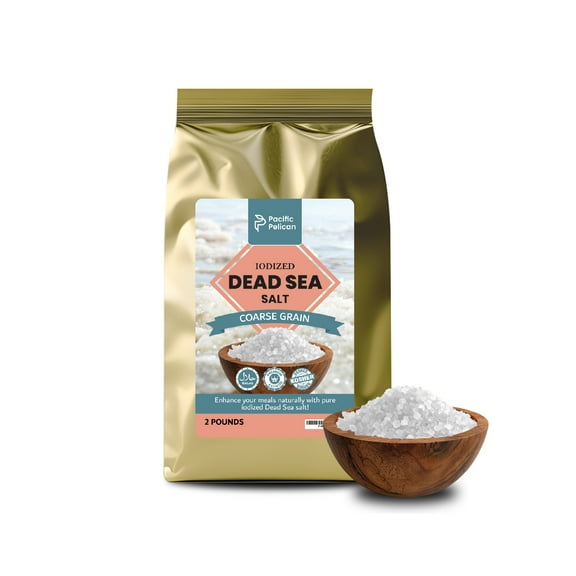 Pacific Pelican Iodized Dead Sea Salt – 2 Pounds – Coarse Grain – Kosher, Natural Iodized, Pure Sea Salt for Cooking, Seasoning & Wellness