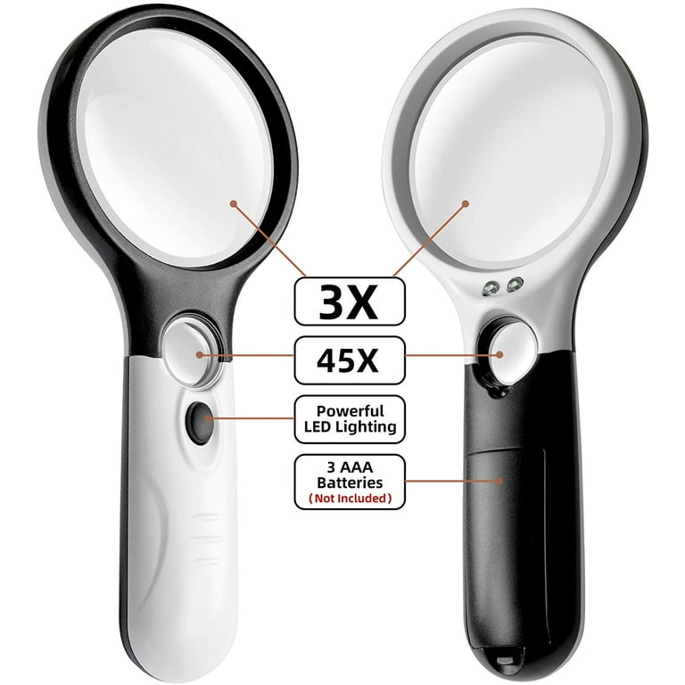 Rockdamic Professional Magnifying Glass with Light (3X / 45x) Large Lighted  Handheld Glass Magnifier Lupa for Reading, Jewelry, Coins, Stamps, Fine Pr