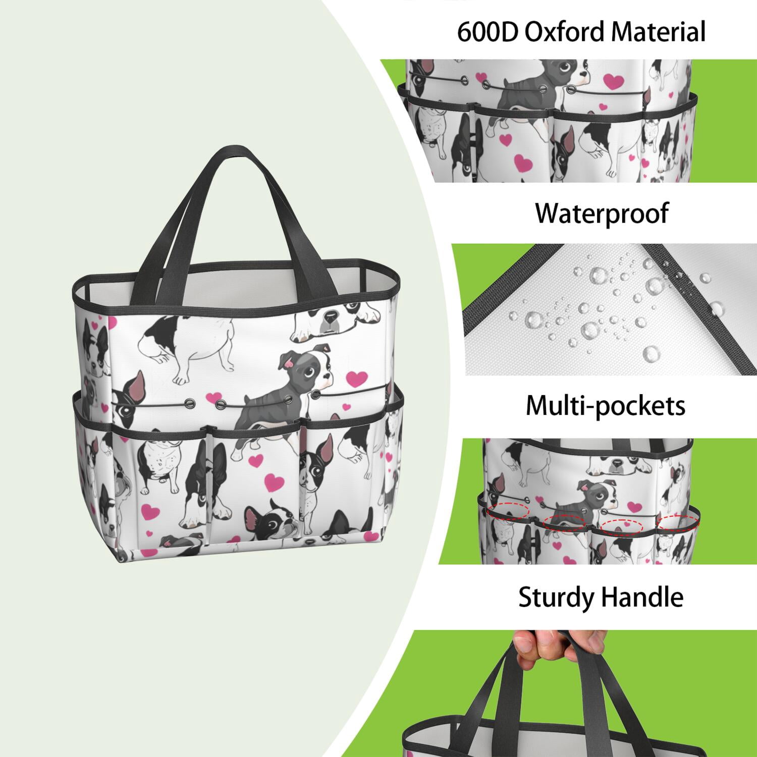 Garden Tool Bag,Pug and Love Heart Garden Tool Organizer,Garden Gifts,Waterproof Multi-Pocket Garden Tool Storage 11.8x5.5x11.4 Inch(Tools NOT Included)