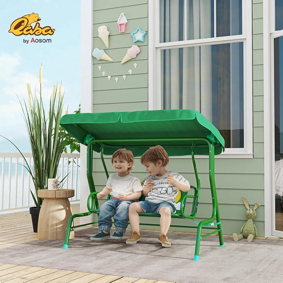 Kids Swing, 2-Seater Outdoor Porch Swing Chair with Adjustable Canopy, Safety Belt, Bee Pattern Hanging Swing Bench for Garden, Backyard, Dark Green