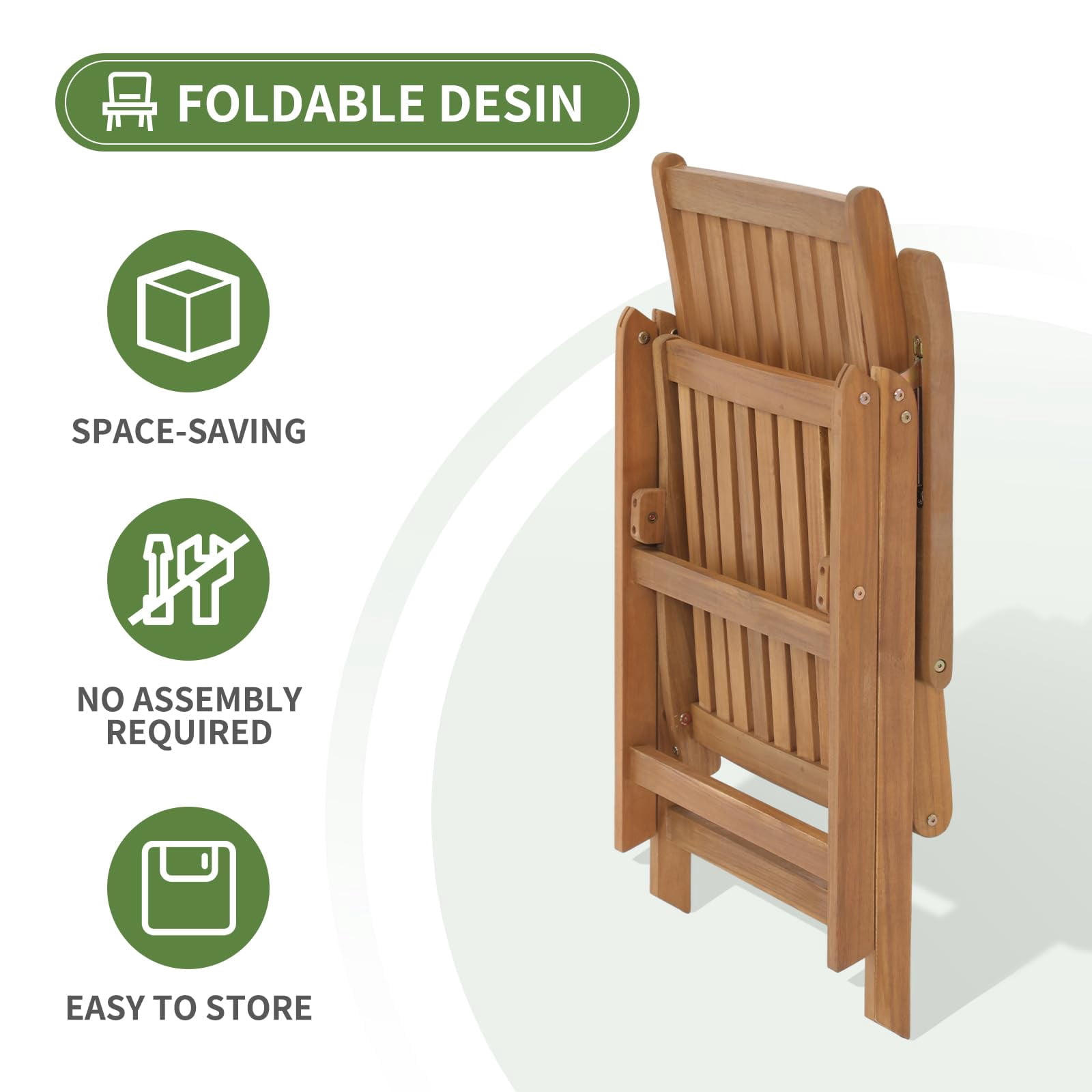 JOIVI Folding Patio Dining Chair Set of 2, Outdoor Acacia Wooden Reclining Chair w/Armrest & Removeable Cushion, FSC Certified Wood, for Porch, Backyard, Garden, Indoor, No Assembly