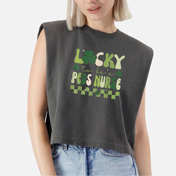 EcoLoom Lucky To Be A Peds Nurse Groovy Retro St Patrick's Day Cap Sleeve Muscle Crop Shirt Women Sleeveless Baby Tee