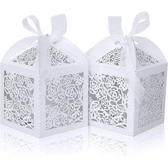 50pcs Laser Cut Favor boxes, Wedding Favors Candy Boxes with Ribbons and Tags, Small Gift Boxes for Wedding,Party,Baby Shower,Bridal Shower (50-2x2x2.76, White)