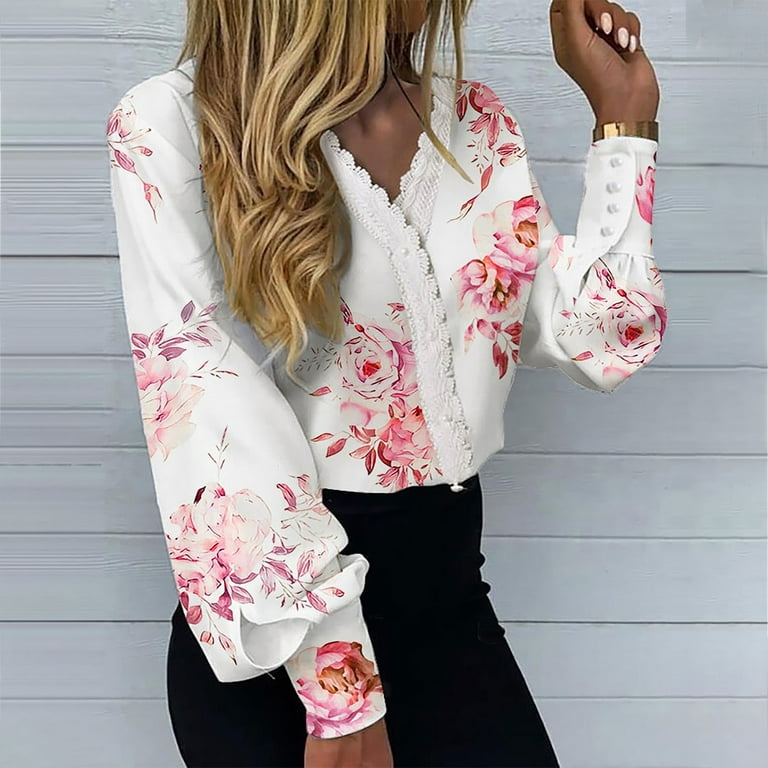 Women Floral Blouse Shirt Top Puff Sleeve Button Retro Casual White Fashion  Thin