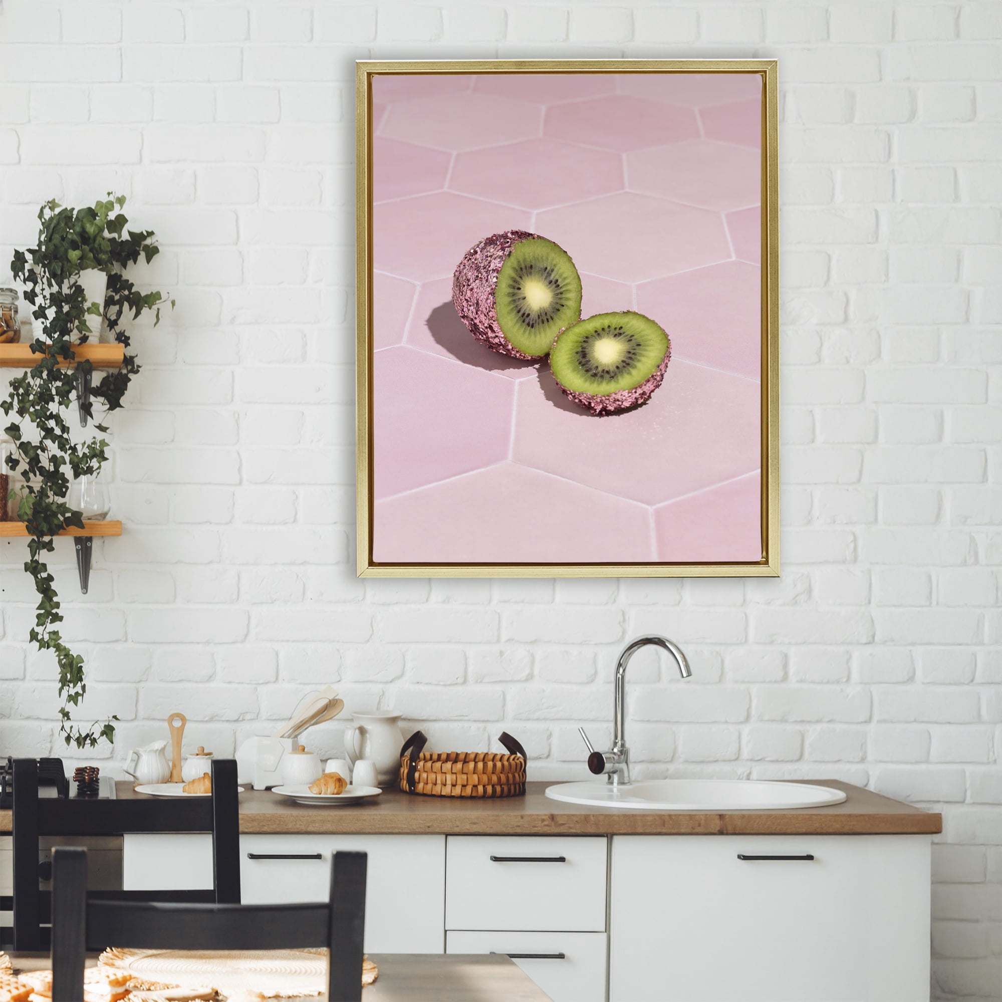 Stupell Industries Pink Glimmer Kiwi Gold Framed Floater Canvas Wall Art, design by LISH Creative