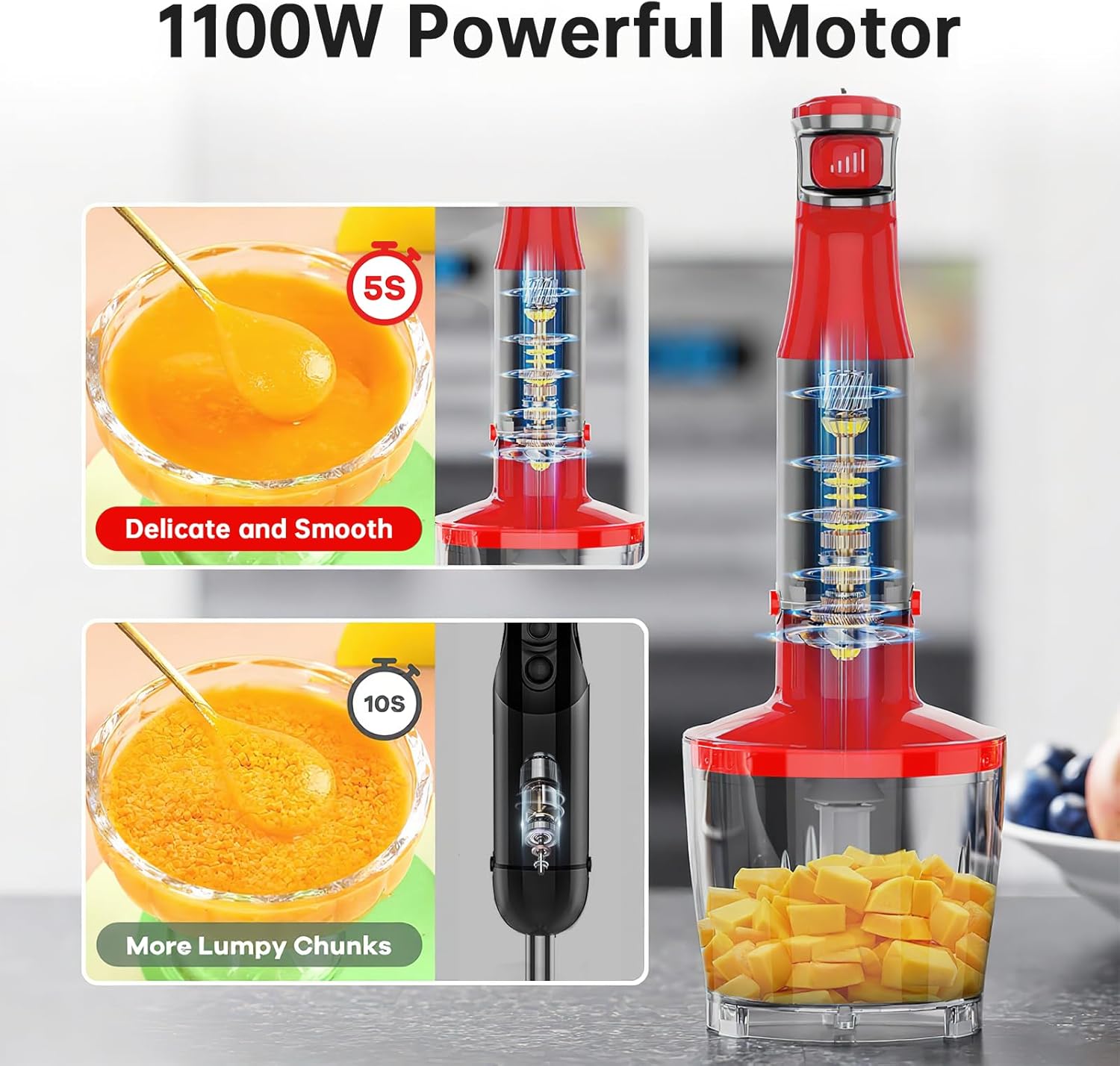 1100W 5-in-1 Handheld Immersion Blender, Variable Speed Corded Stick Blender with Chopper Whisk and Frother