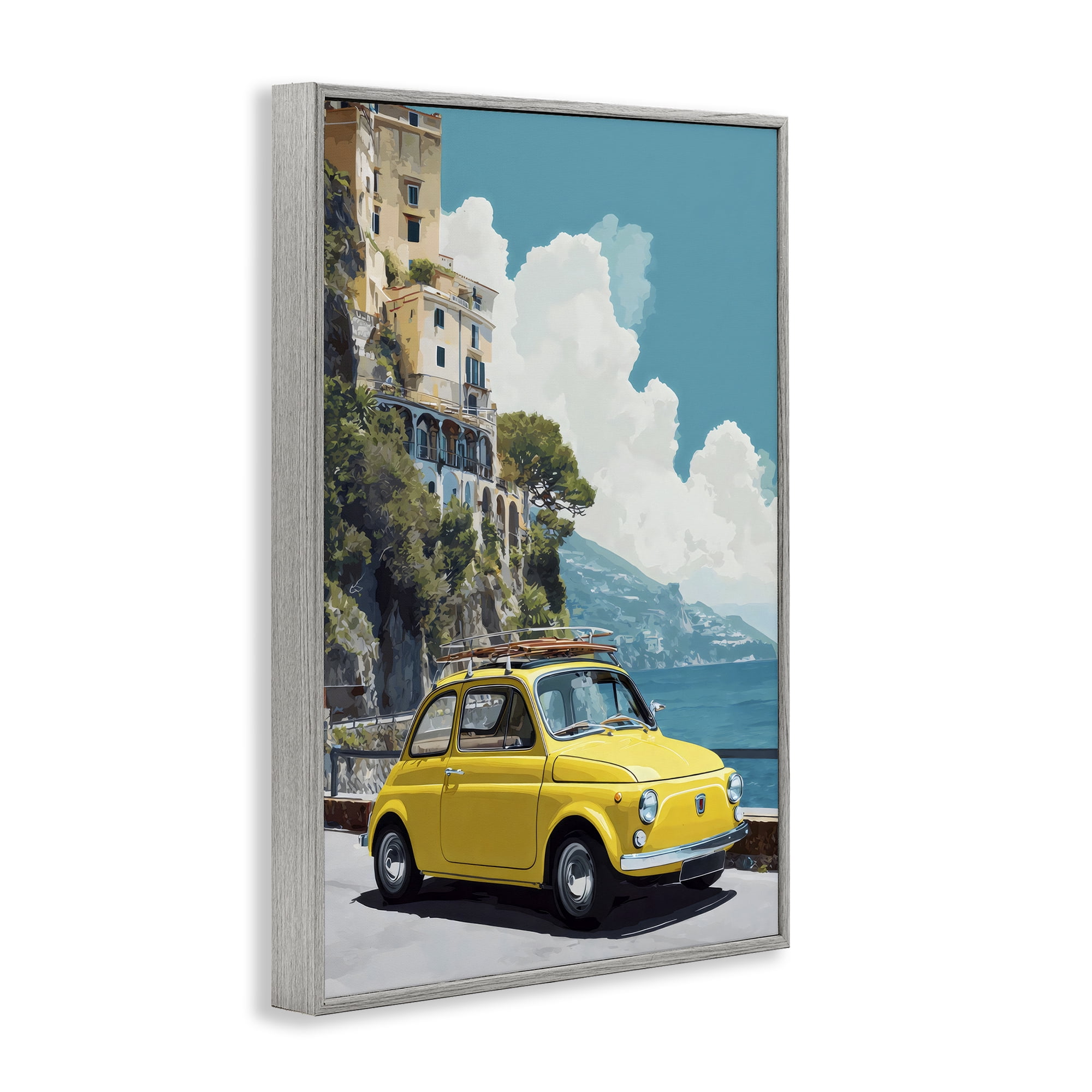 Stupell Industries Yellow Car on Coast Gray Framed Giclee Art, design by Petal Prints Design