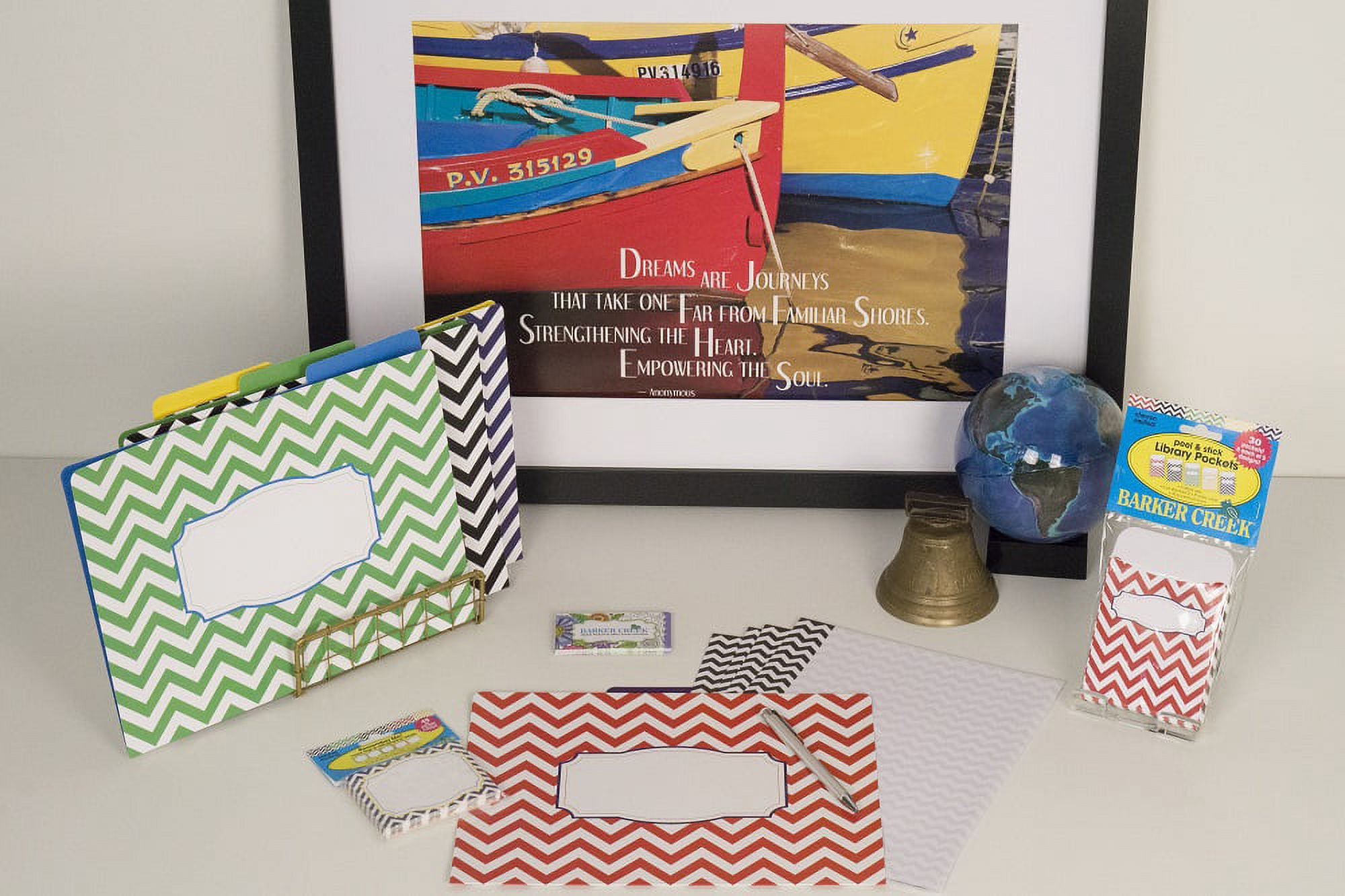Barker Creek 12 File Folders 30 Peel & Stick Pockets Set - Chevron Nautical (BC3590)