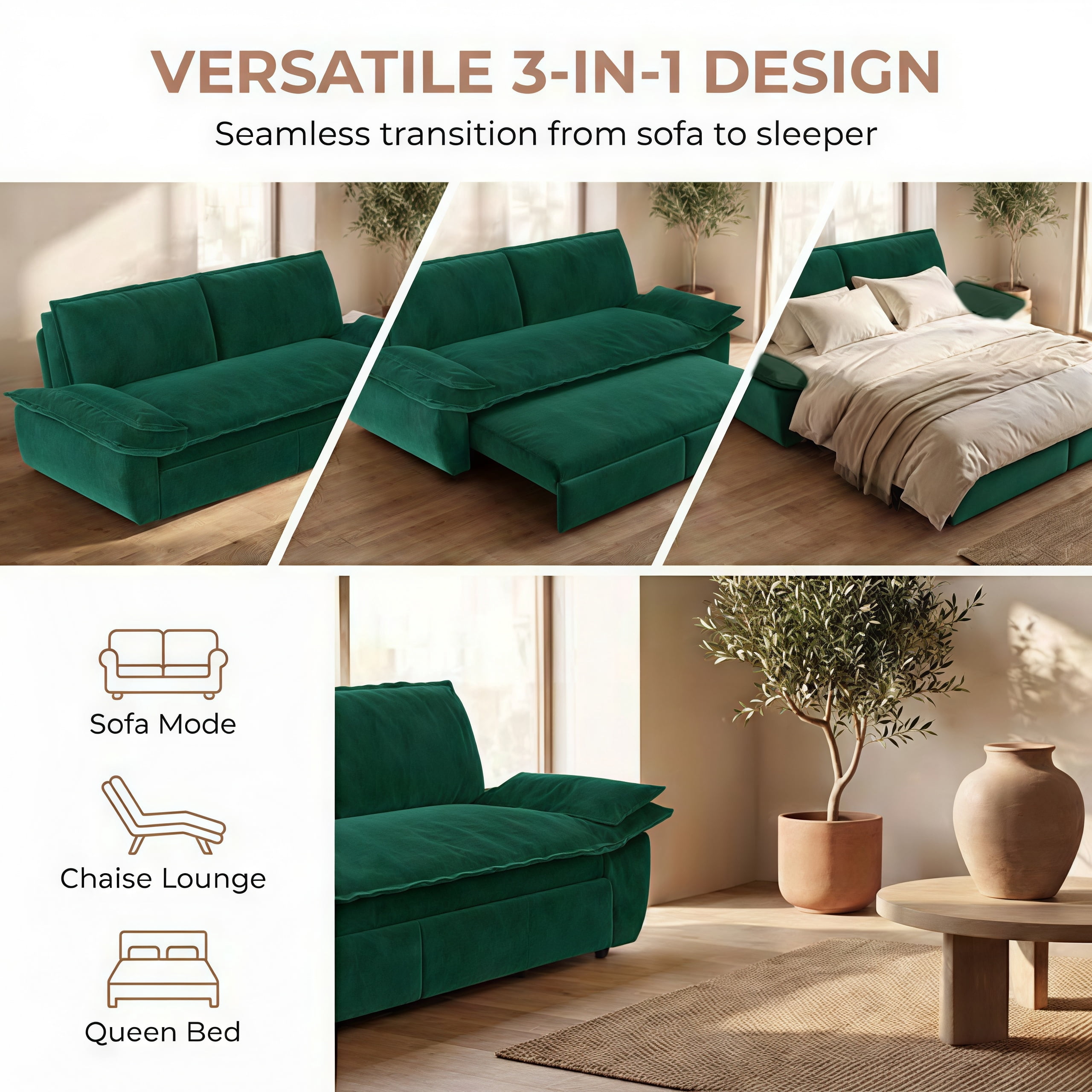 3-in-1 Queen Convertible Sleeper Sofa Bed, 73.2" Velvet Pull Out Couch with Extra Deep Seat & Pillow Top Armrests, Modern Folding Futon Lounge, Green
