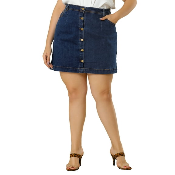 MODA NOVA Junior's Plus Denim Skirts Mini Button A Line Retro Slit Pocket Skirt 2X Blue