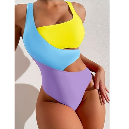 TrendVibe365 Swimsuit for Women Tummy Control Strap Bandeau One-Piece Monokinis Hollow Cutout Color Block Romper Swimming Suits Sexy Slimming Bikinis Tankinis for Holiday  Travel and Seaside