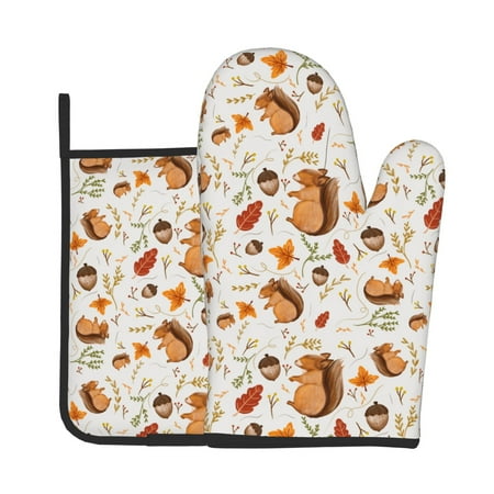 

Junzan Squirrel Pattern Oven Mitts and Pot Holders 2 pcs Set Potholders BBQ Gloves Long Kitchen Oven Glove for Cooking Baking Grilling (2-Piece Set 11 Inch)
