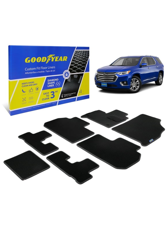 Goodyear Custom Fit Car Floor Liners for Chevy Traverse 2018-2024, Black/Black 7 Pc. Set, All Weather Diamond Shape Liner Traps Dirt, Liquid, Rain and Dust, Precision Interior Coverage - GY004192