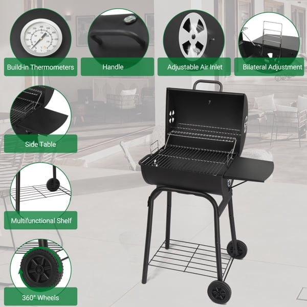 Barrel Charcoal Grill & Smoker - Adjustable Height BBQ with Side Table, Wheels & Thermometer - Powder Coated for Patio/Backyard/Camping