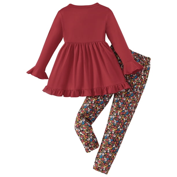 Odeerbi 3-10 Años Conjunto de Niña Vestido de Manga Larga Con Volantes Leggings Florales Conjunto de Dos Piezas Flores Conjunto de Dos Piezas Estampado de Flores