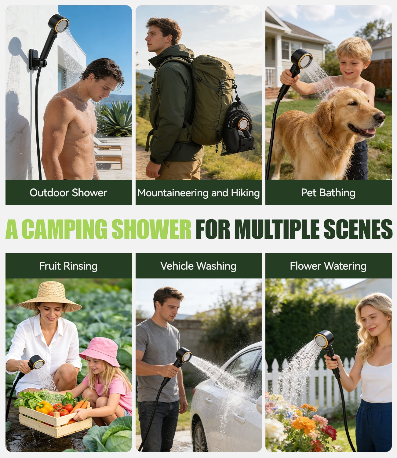 Portable Shower - 8000mAh Rechargeable Camping Shower Pump with Intelligent LED Display & Filtered Shower Head, IPX7 Waterproof Outdoor Camp Shower Pump for Hiking, RV, Travel, Car, Pet