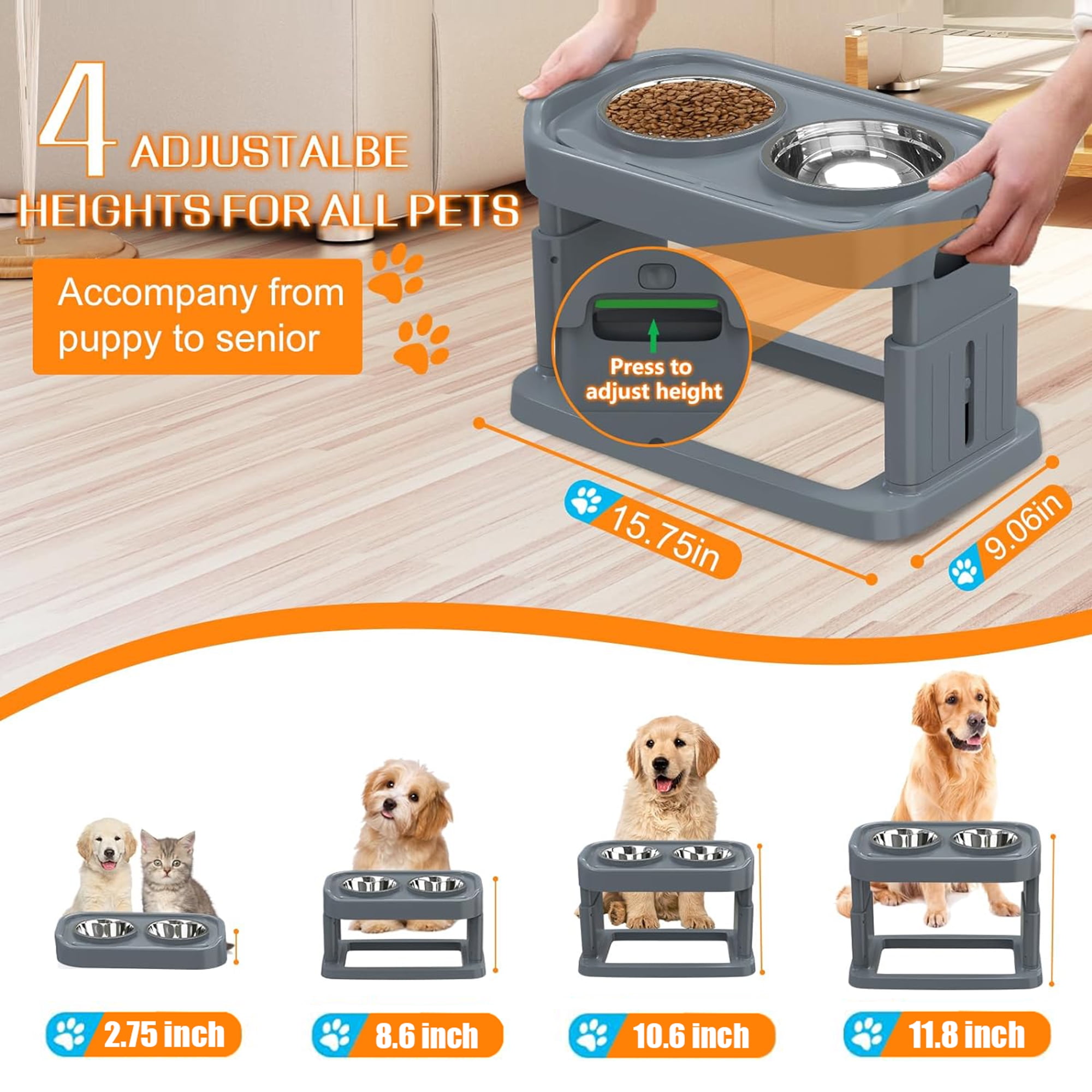 Dog Bowls,Hengu 4 Height Adjustable Pet Bowl Holder with 2 Stainless Steel Dog Cat Food Bowls,Non-Slip Dog Feeder for Medium Large Dogs