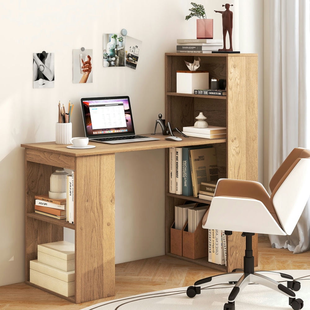 Demi Bonn Computer Desk Writing Workstation Office with 6-Tier Storage Shelves, Small Home Office Desk Study Writing Table, Brown
