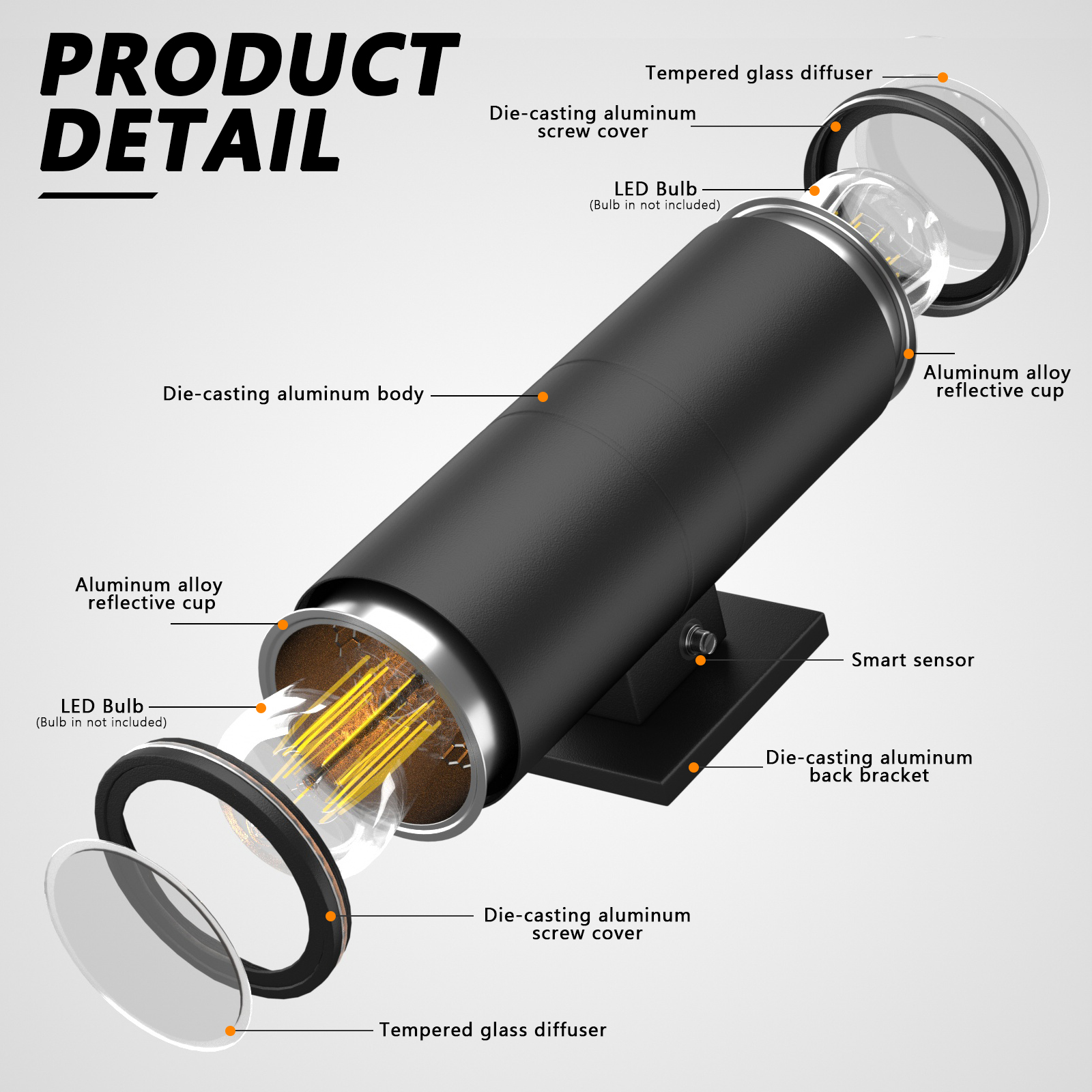 GEYANG Modern Outdoor Wall Light with Dusk to Dawn Sensor, Exterior Light Fixture Wall Mount Waterproof Anti-Rust Cylinder, Up and Down 2 Lights Black Sconces for Porch Patio House Outside Entryway