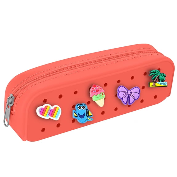 Silicone Small Pencil Pouch – Small Pencil Case with DIY Holes and Decorative Charms, Multipurpose Makeup Bag or Stationery Organizer, Large Capacity