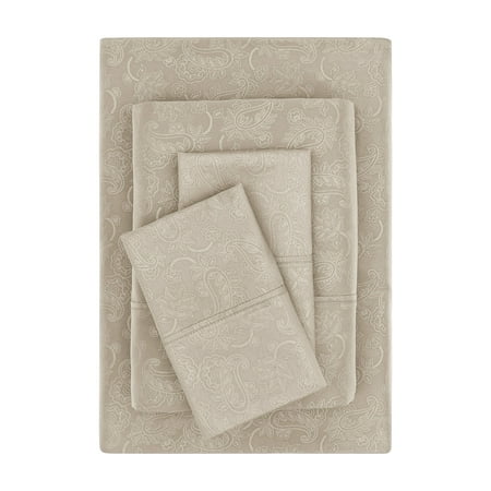 Mainstays Super Soft Brushed Microfiber Bed Sheet Set, Washed Tan Embossed Hayden Paisley, Queen, 4 Piece