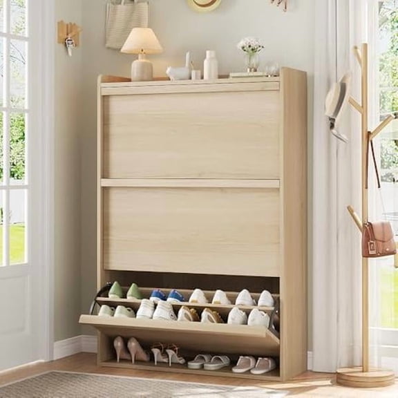 3 Flip Drawer Wooden Shoe Storage Cabinet, Adjustable Removable Shelf Space Saving Organizer, Durable Board Furniture for Entryway Hallway Home, Natural Color