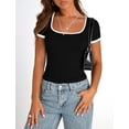 thumbnail image 6 of Womens Summer Casual Short Sleeve Ribbed Knit Square Neck Color Block Slim Fit Basic Crop Tops, 6 of 9