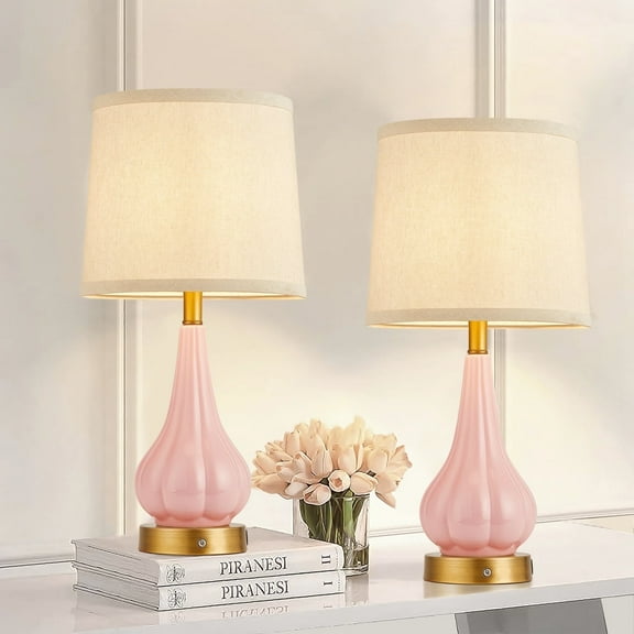 RORIA 18" Modern Pink Ceramic Table Lamp Set of 2, 5000mAh Rechargeable Battery Powered Lamp, Touch Infinitely Dimmable Night Light for Living Room Bedroom Nightstand