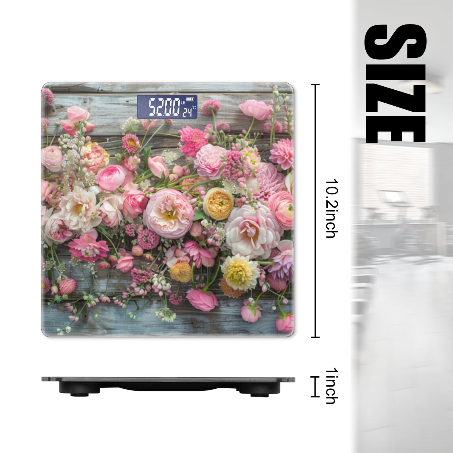 Bathroom Scale, Highly Accurate Digital Body Scale,Precisely Measures Weight up to 400 lbs-Rustic Wooden Wall Adorned With Array Of Pink And Yellow Flowers