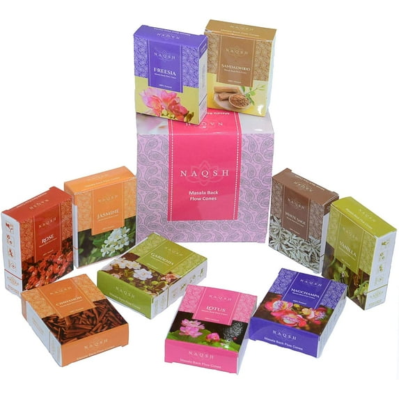 NAQSH Assorted Backflow Incense Cones - Premium Natural Handmade Back Flow Cone, Scented Waterfall Masala Fragrance Incense Cones (Pack of 10)