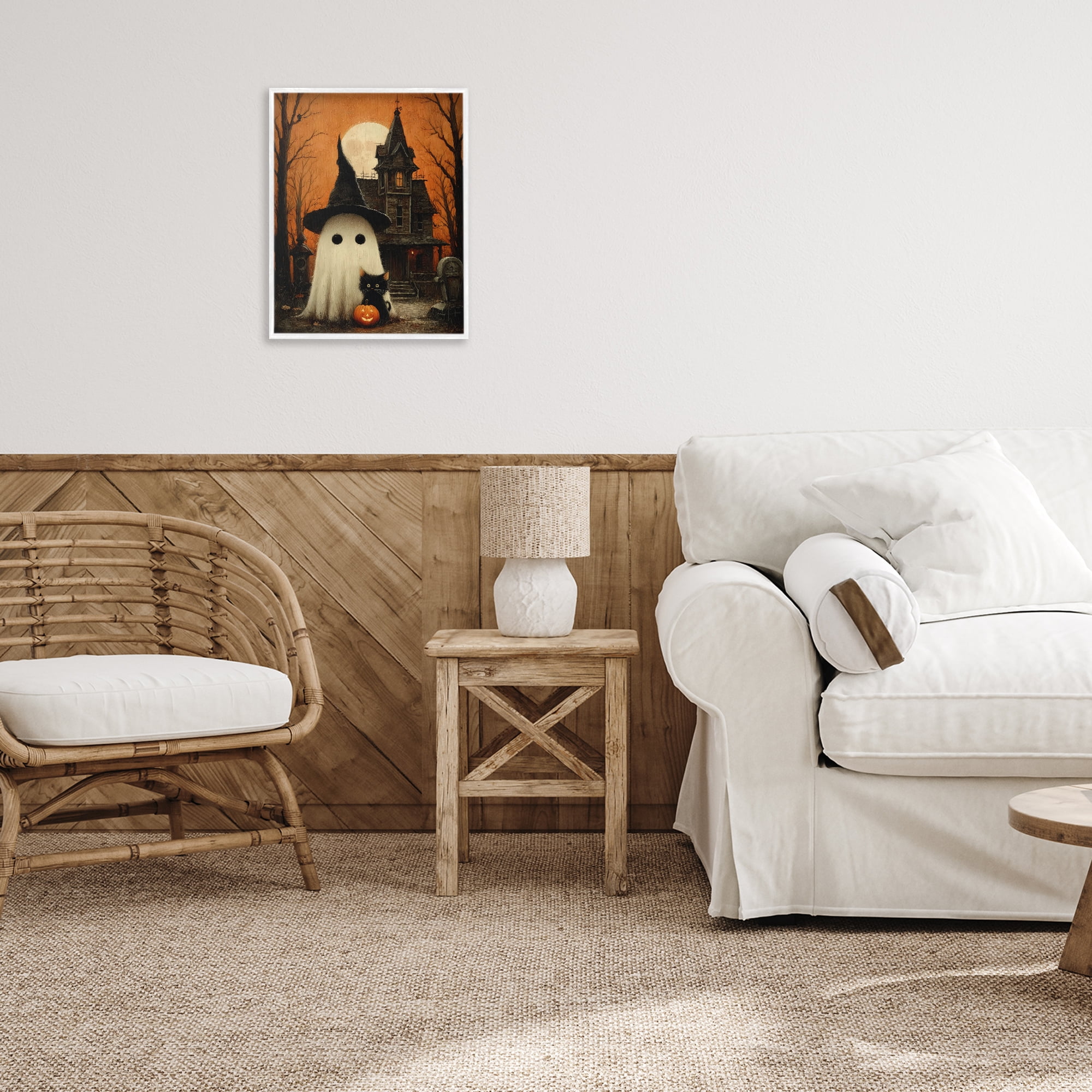 Cute Ghost & Haunted House White Framed Giclee Art, design by Arlington Prints