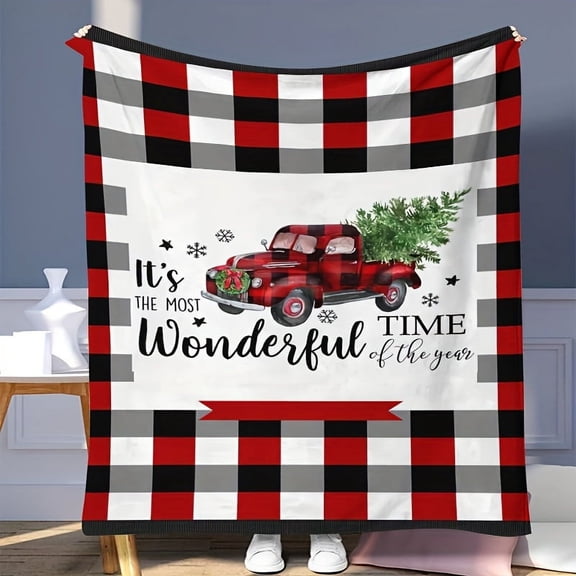 Christmas Theme Red and Black Buffalo Plaid Flannel Throw Blanket, Cartoon Truck with Christmas Tree Print, Soft and Warm Multi-Use Hypoallergenic Blanket for Nap, Sofa, Office, Bed, Camping, Travel,