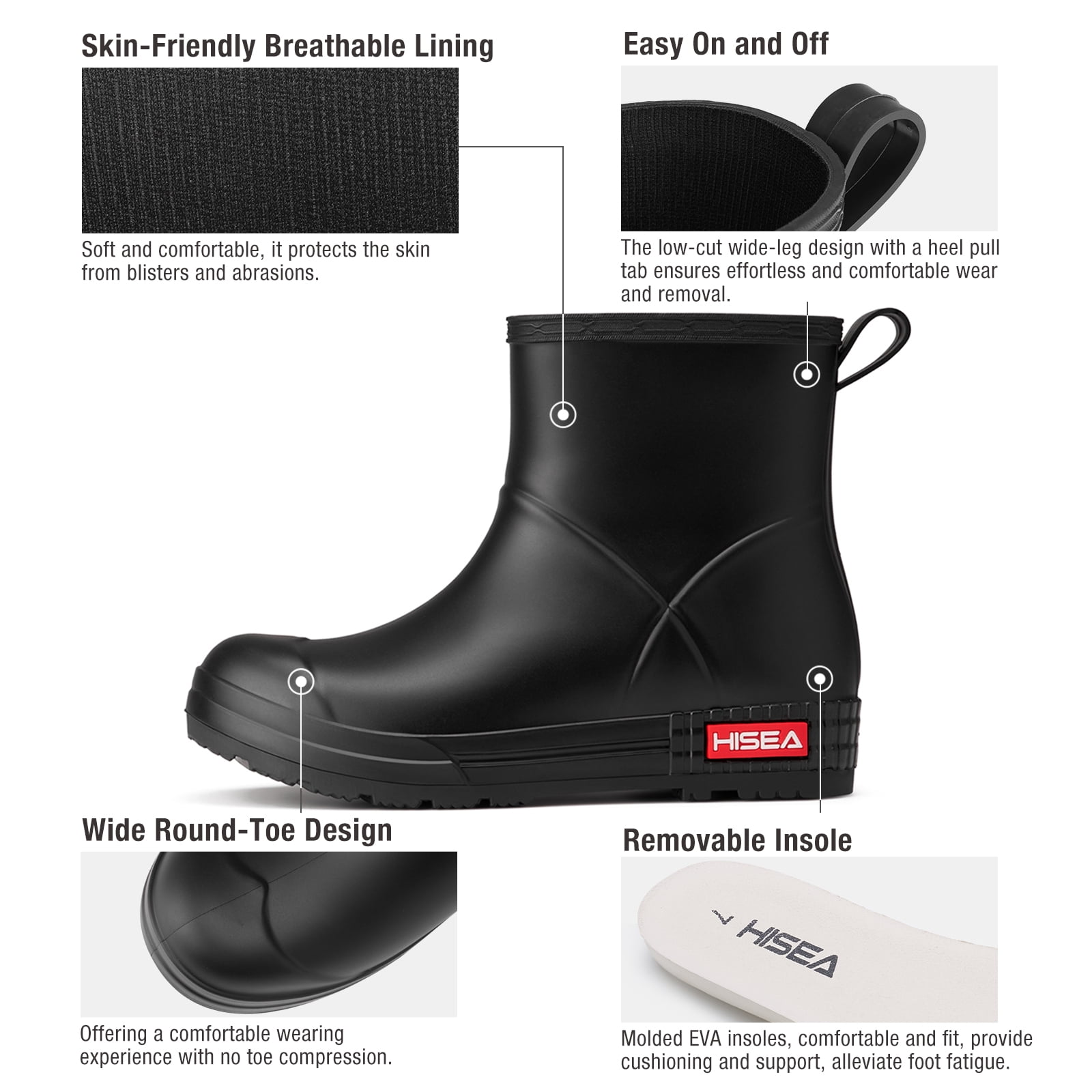 HISEA Waterproof Rain Boots for Women，Chelsea Anti-Slip Garden Work Shoes，Black，Size 6.5