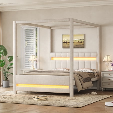MODERNLUXE Queen Size Upholstery Canopy Bed with LED Light, Beige