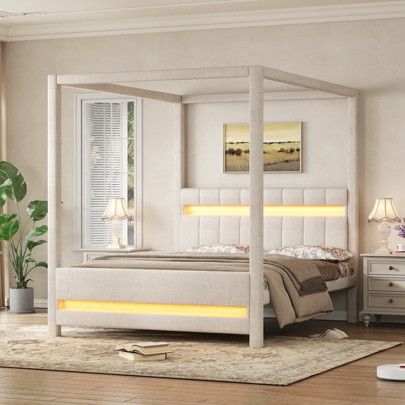 MODERNLUXE Queen Size Upholstery Canopy Bed with LED Light, Beige