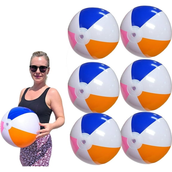6 Pack- Large Colorful Inflatable Beach Balls (16") Summer Inflate Balls Toys for Pool Beach Hawaii Luau