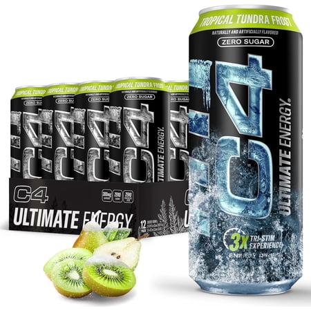 C4 Ultimate Energy Drink, Tropical Tundra Frost Flavor, Zero Sugar, Carbonated, 16 fl oz Can, 12 Pack